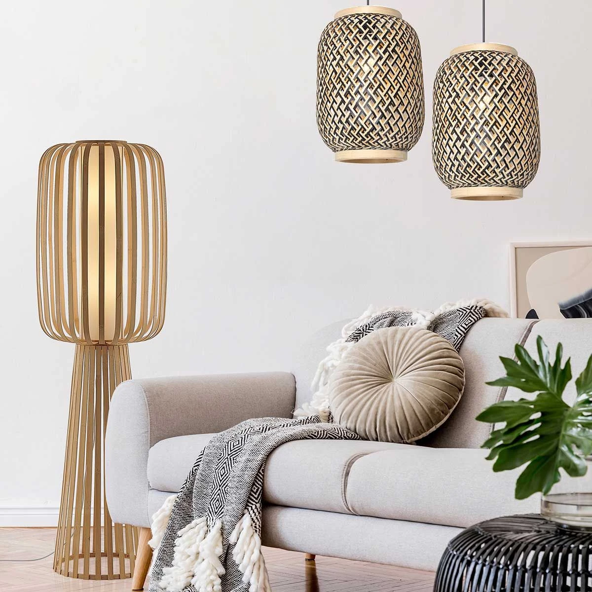 Lampadaire BAND En Bambou Naturel Et Tissu Blanc 5 Lampadaire BAND En Bambou Naturel Et Tissu Blanc – Image 5