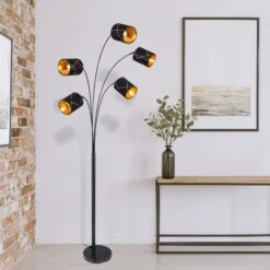 Globo Lampadaire BEMMO (H204cm) En Métal Noir Avec Abat-jour En Tissu Noir Et Doré