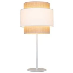 Lampe à Poser ART En Raphia Naturel Et Tissu Blanc