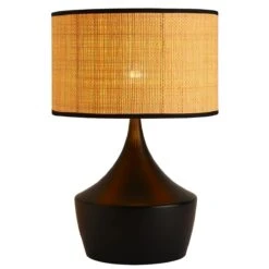 Lampe à Poser CELIA En Céramique Noir Avec Abat-jour En Raphia Naturel