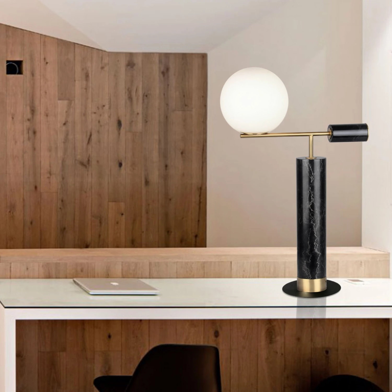 Lampe à Poser LEXY (H60cm) En Marbre Noir, Métal Laiton Et Verre Opale Blanc 2 Lampe à Poser LEXY (H60cm) En Marbre Noir, Métal Laiton Et Verre Opale Blanc – Image 2