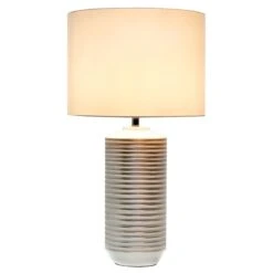 Lampe à Poser STRAYE (H80cm) En Céramique Blanc/argenté Avec Abat-jour En Tissu Blanc