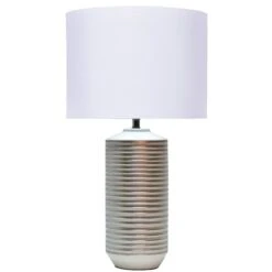 Lampe à Poser STRAYE (H80cm) En Céramique Blanc/argenté Avec Abat-jour En Tissu Blanc -BRILLIANT Soldes Boutique lampe a poser straye h80cm en ceramique blanc argente avec abat jour en tissu blanc keria 2106353 3