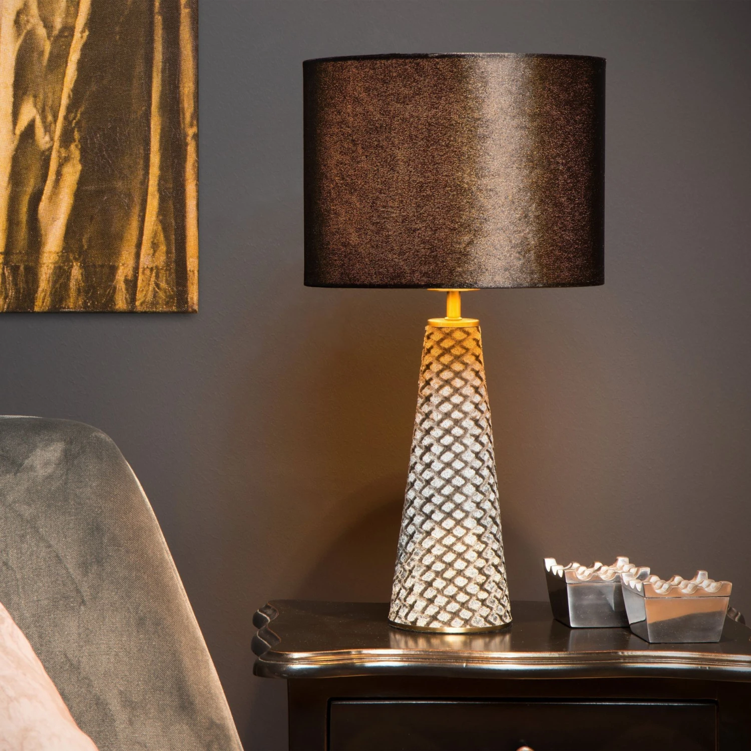 Lampe à Poser VELVET En Velours Gris Avec Abat-jour En Velours Noir 2 Lampe à Poser VELVET En Velours Gris Avec Abat-jour En Velours Noir – Image 2