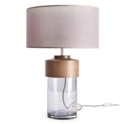 Lampe FYUME (D35cm) En Verre Fumé Et Bois Naturel Avec Abat-jour En Tissu Gris